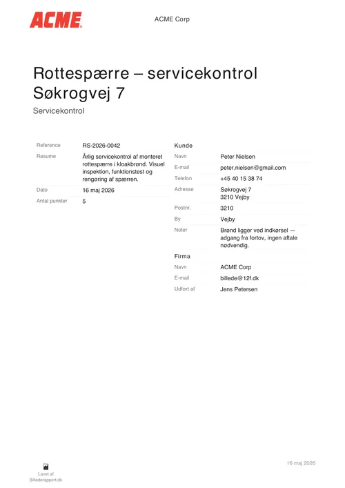 Forside af eksempel-rapport: Rottespærre – servicekontrol Søkrogvej 7, med firmalogo, kundeinfo og resumé.