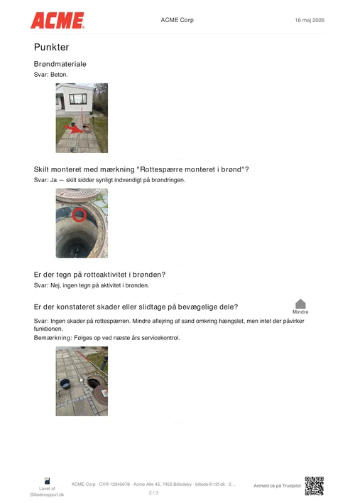 Indvendig side fra rapporten: tjekpunkter med annoterede billeder, svar og et alvorsbadge.