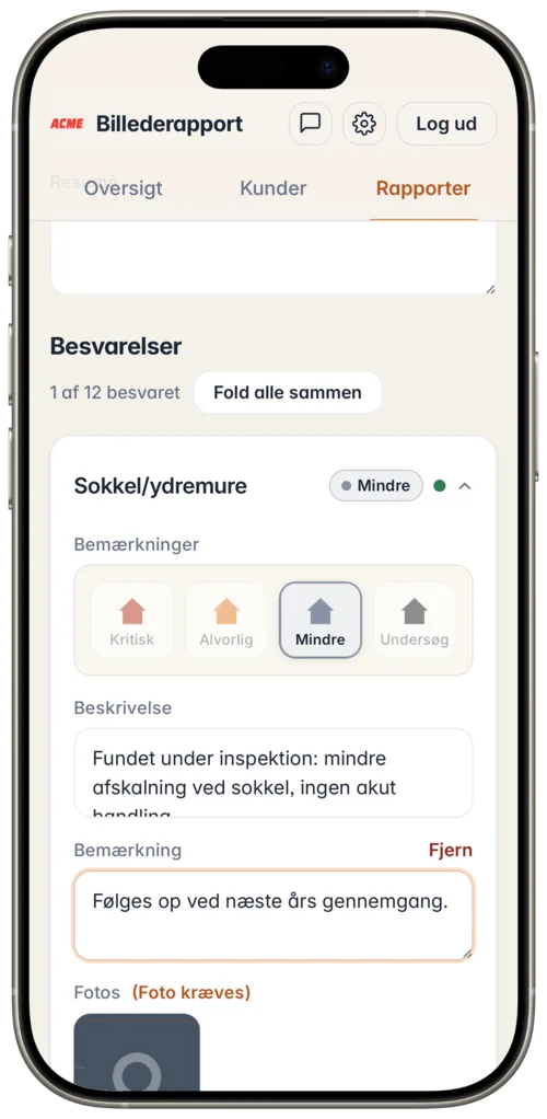 Skærmbillede: Udfyldt besvarelse med status, beskrivelse og bemærkning.
