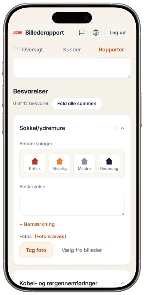 Skærmbillede: Sokkel/ydremure med statusknapper Kritisk, Alvorlig, Mindre og Undersøg.