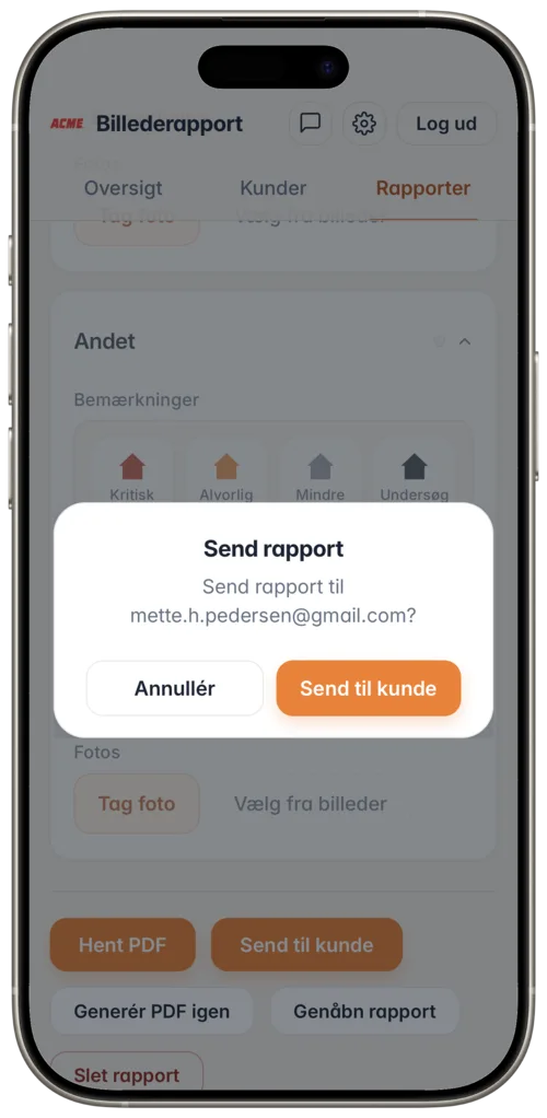 Skærmbillede: Dialog der sender rapporten til kundens mail.