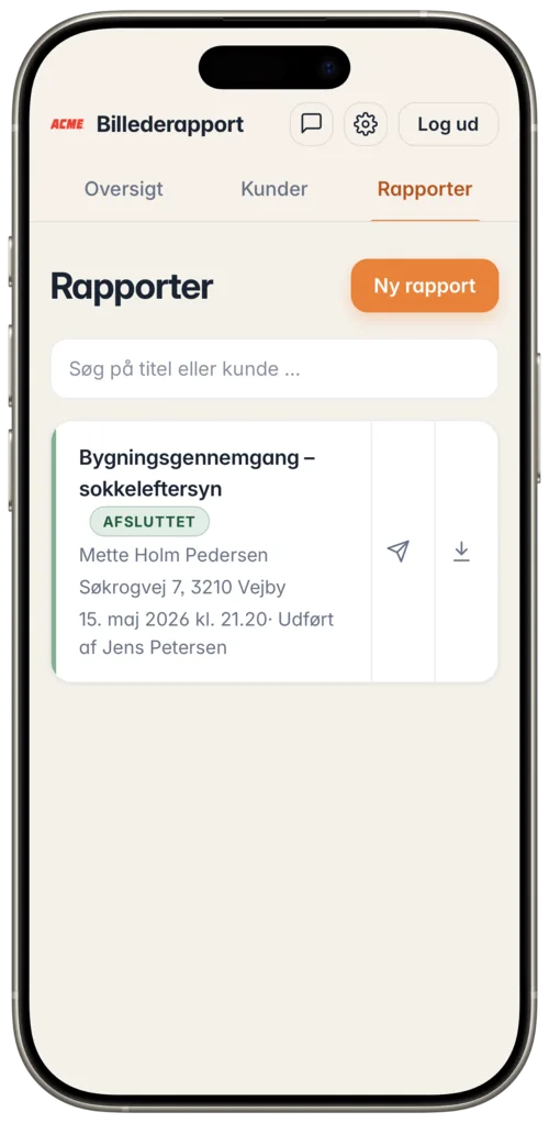 Skærmbillede: Listen over rapporter med søgefelt og en afsluttet rapport for Mette Holm Pedersen.