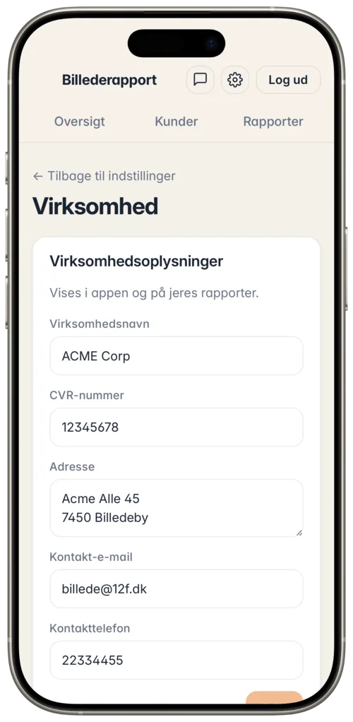 Skærmbillede: Virksomhedsoplysninger — ACME Corp, CVR, adresse og kontakt.