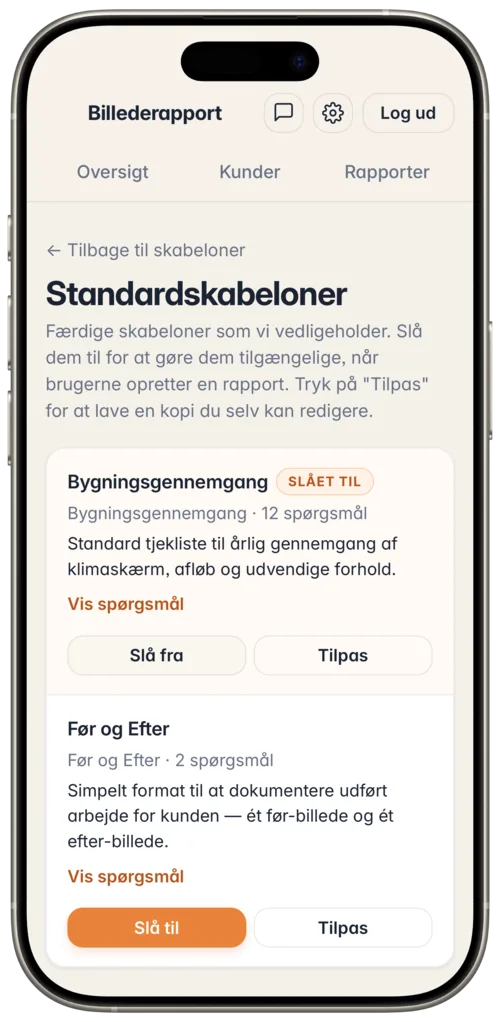 Skærmbillede: Standardskabeloner med Bygningsgennemgang og Før og Efter.